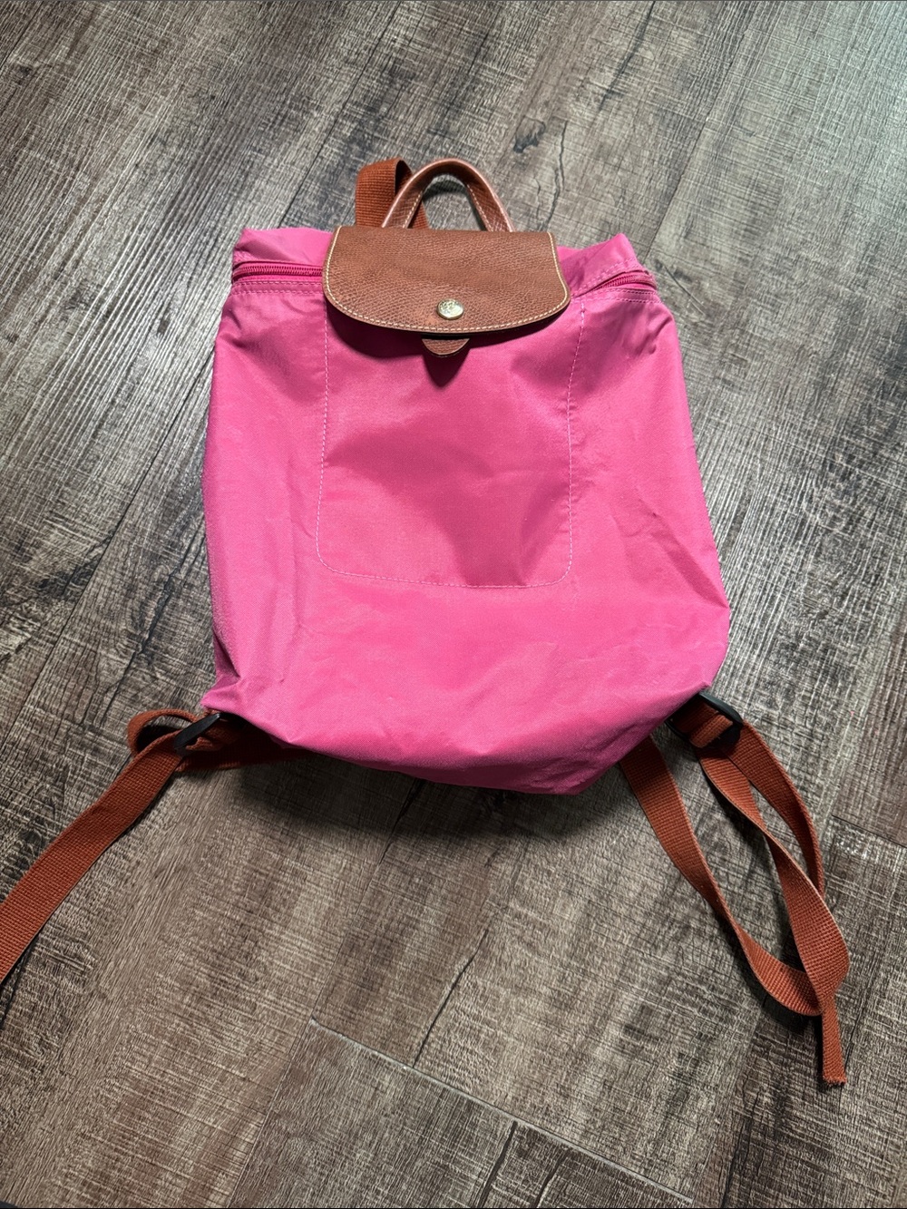 Longchamp Pink Nylon Backpack with Brown Leather Trim